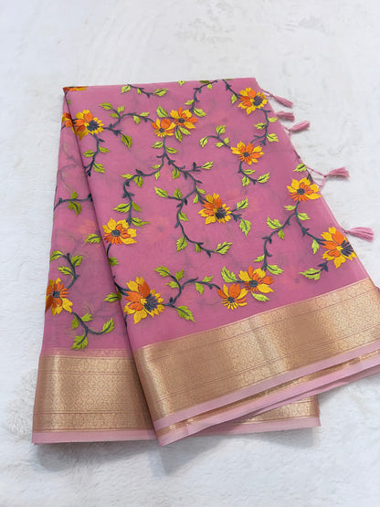 Pink shade organza designer premium embroidery Banarasi saree