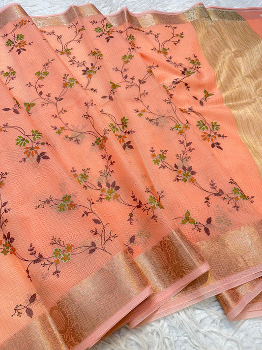 Peach  shade kota embroidery Banarasi saree