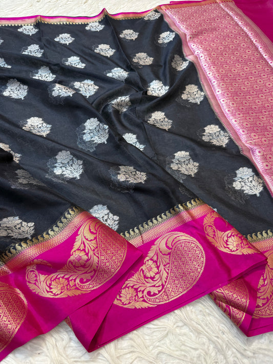 Black royal pink warm silk premium Banarasi saree