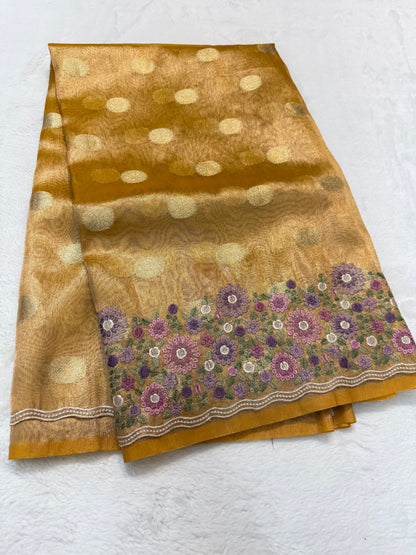 Gold shade tissue cutwork embroidery premium designer Banarasi saree