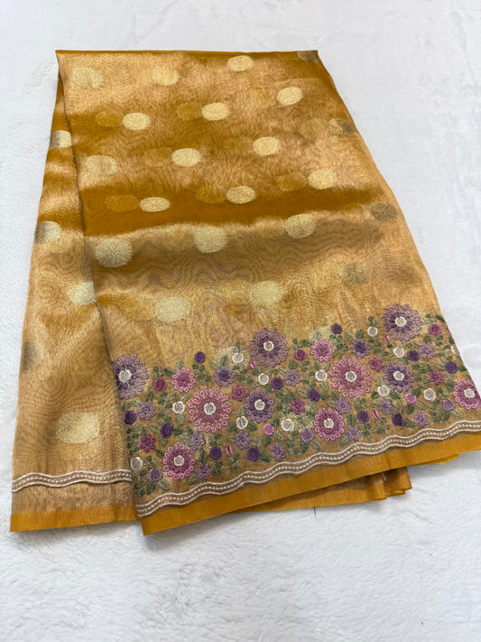 Gold shade tissue cutwork embroidery premium designer Banarasi saree