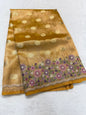 Gold shade tissue cutwork embroidery premium designer Banarasi saree