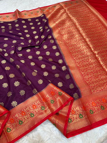 Magenta & red shade  Dupion Silk premium Banarasi Saree