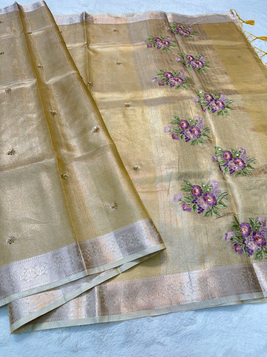 Gold shade kota tissue kota designer embroidery handwork premium Banarasi saree