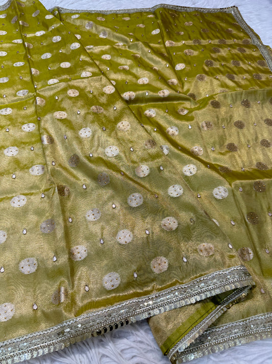 Pista green shade tissue ari & zardosi work designer premium Banarasi saree