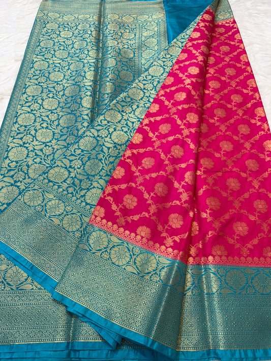 Royal pink firozi shade  Dupion Silk premium Banarasi Saree