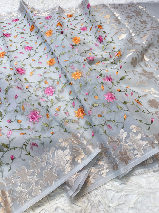 Grey shade kora organza  embroidery Banarasi saree