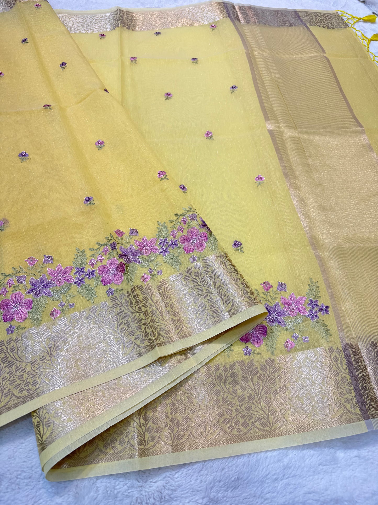 Yellow shade linen designer embroidery Banarasi saree