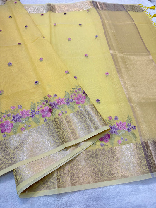 Yellow shade linen designer embroidery Banarasi saree