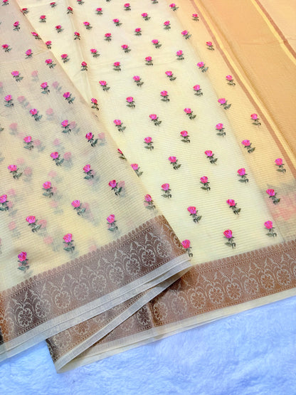Yellow shade cotton kota embroidery Banarasi saree