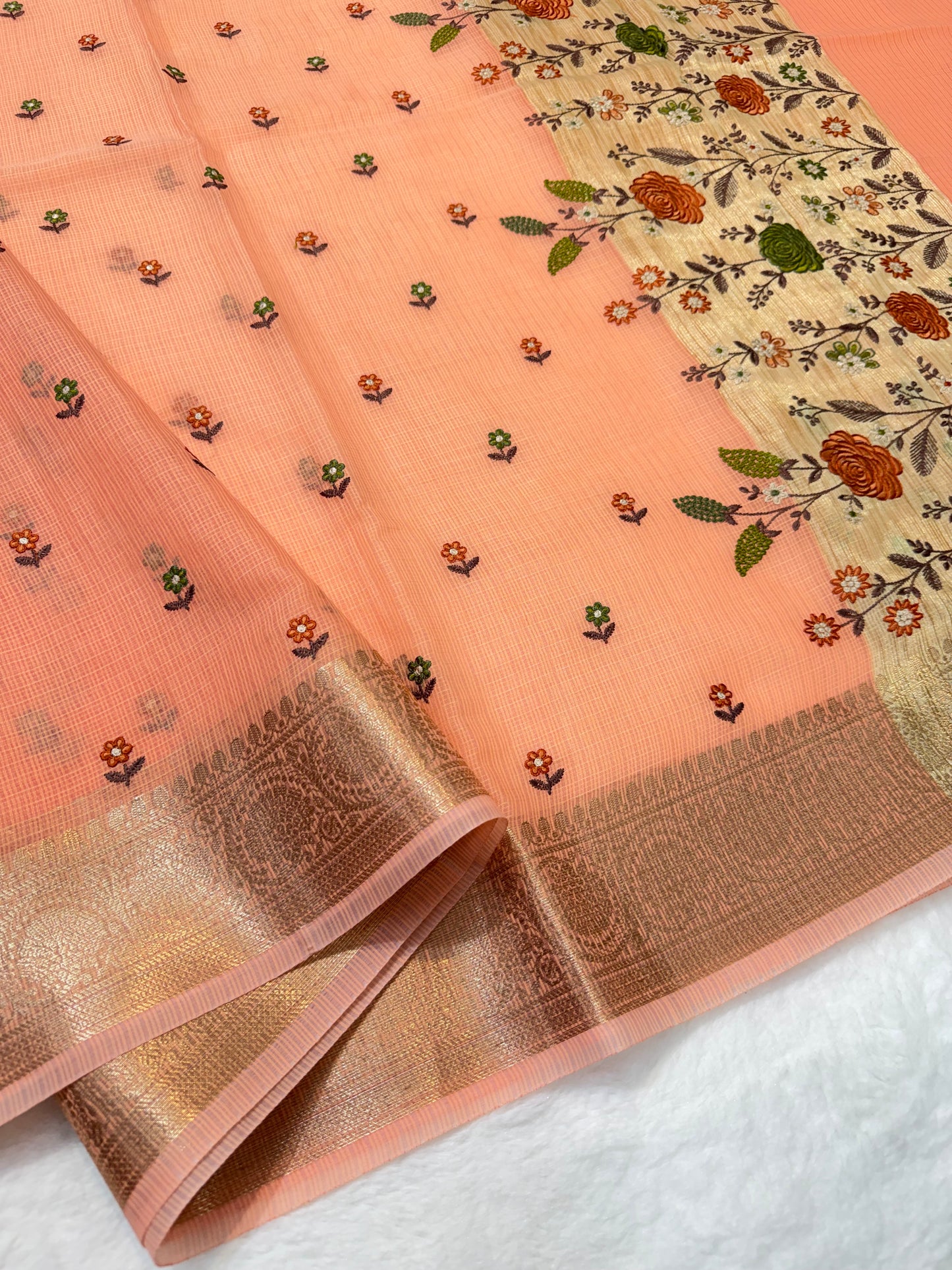 Peach shade cotton kota embroidery Banarasi saree