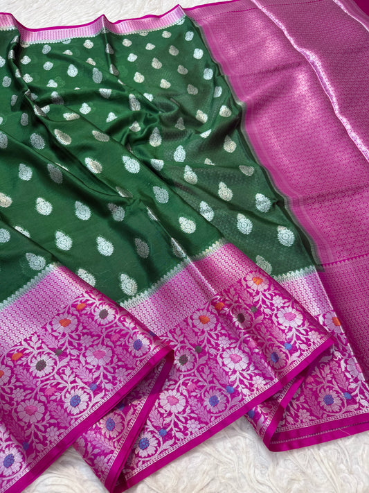 Bottle green royal pink warm silk premium Banarasi saree