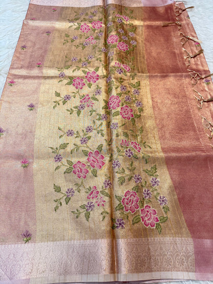 Peach shade tissue kota embroidery primum Banarasi saree