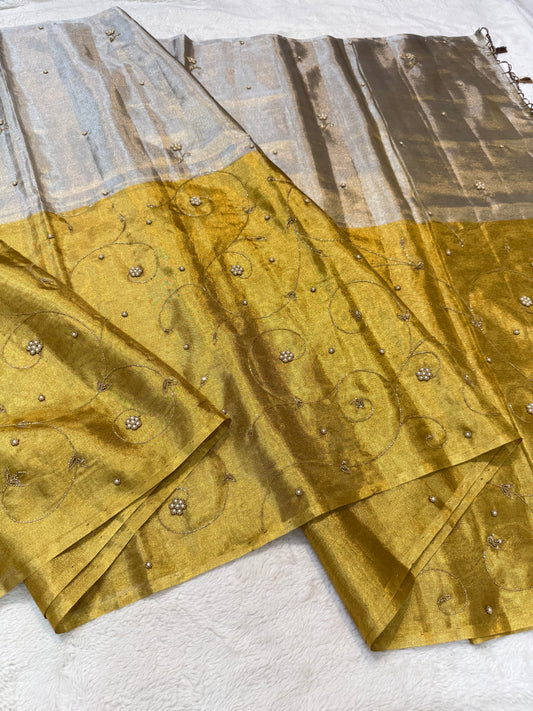 Gold silver tissue half half  tissue designer hand work Banarasi saree