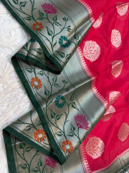 Red & Bottle green  shade georgette Banarasi saree