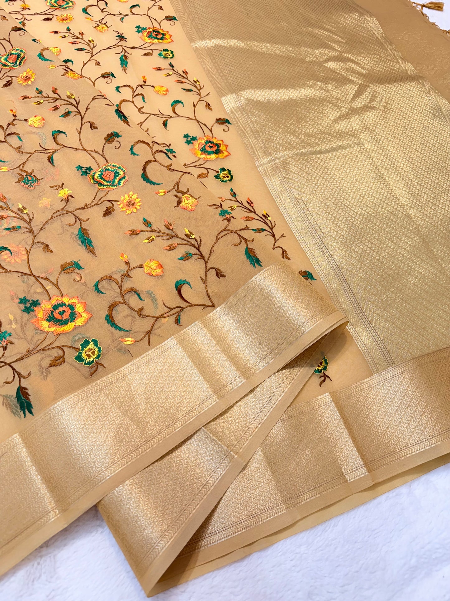 Beige shade organza designer premium embroidery Banarasi saree