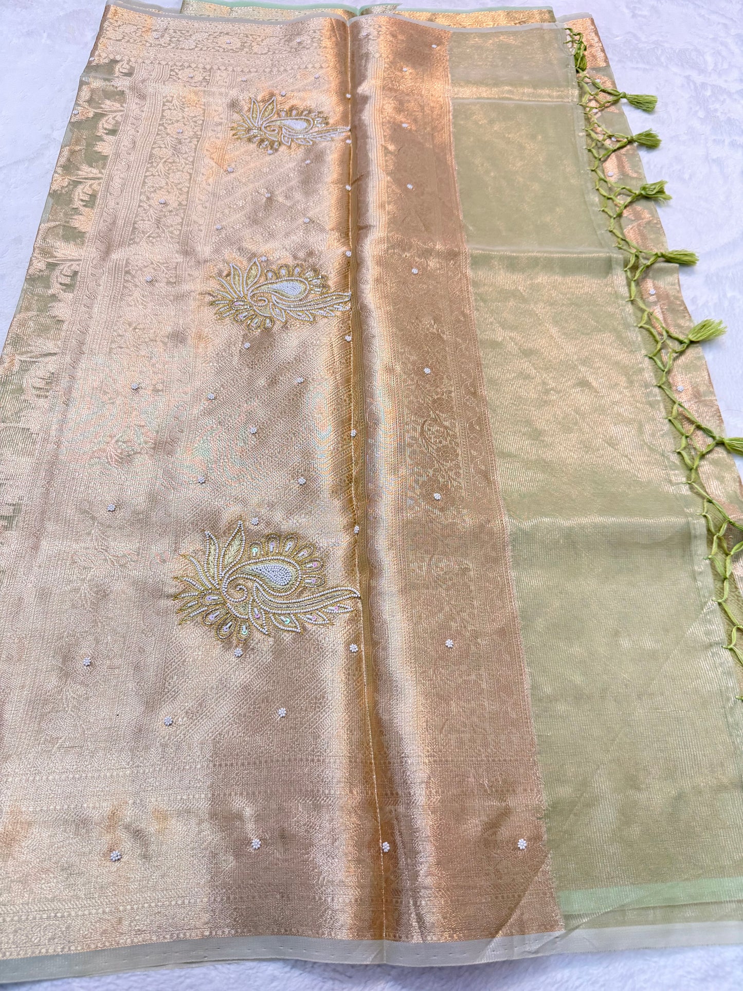 Pista green shade tissue kota designer handwork premium Banarasi saree