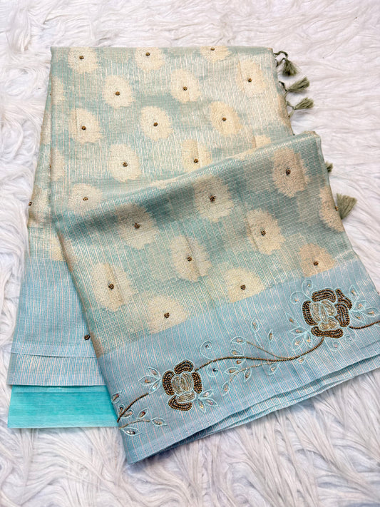 Sea green shade tissue kota designer handwork premium Banarasi saree