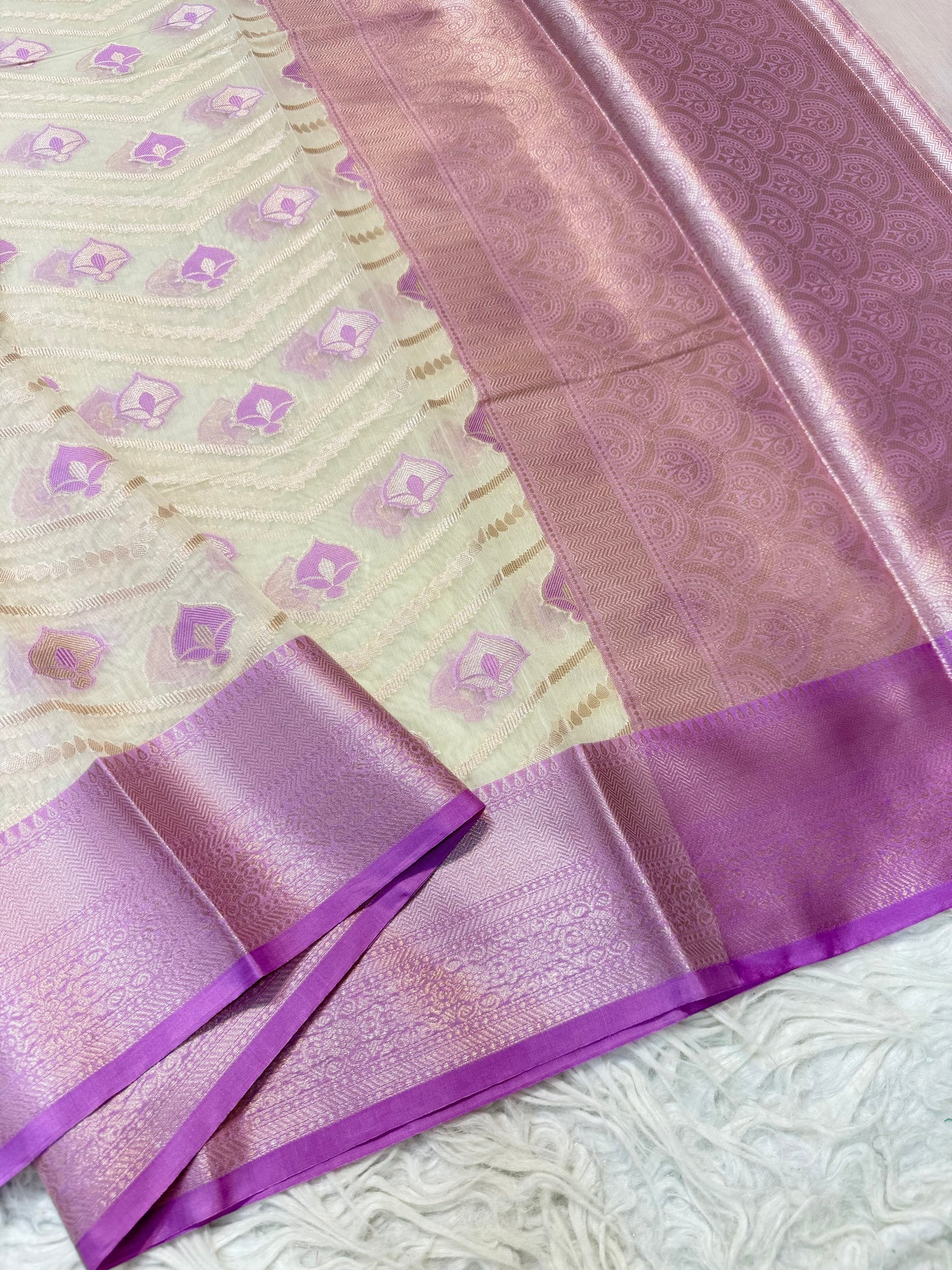 Off white & purple shade cotton premium Banarasi saree