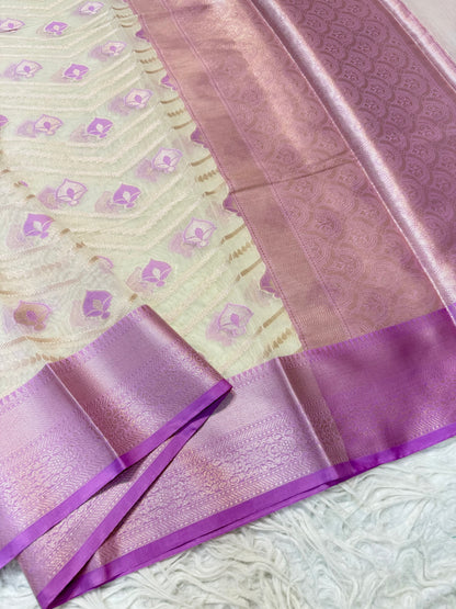 Off white & purple shade cotton premium Banarasi saree