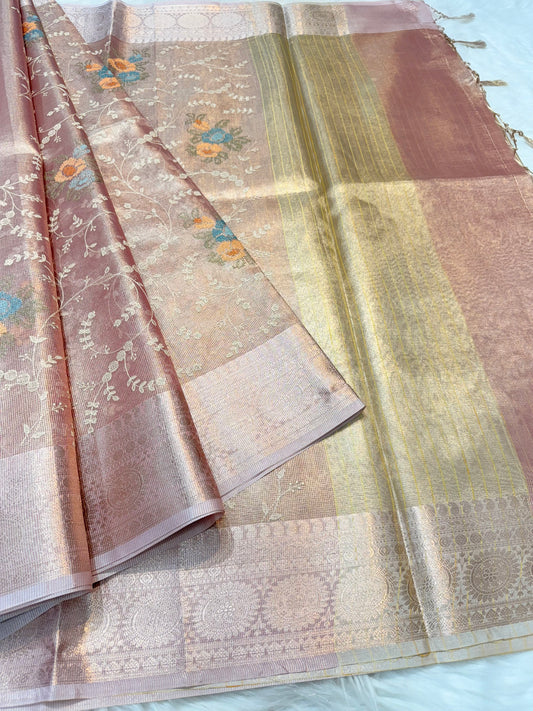 Peach shade tissue kota embroidery primum Banarasi saree