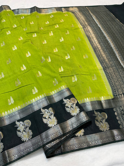 Pista green & bottle green shade raw mango Banarasi premium Banarasi saree