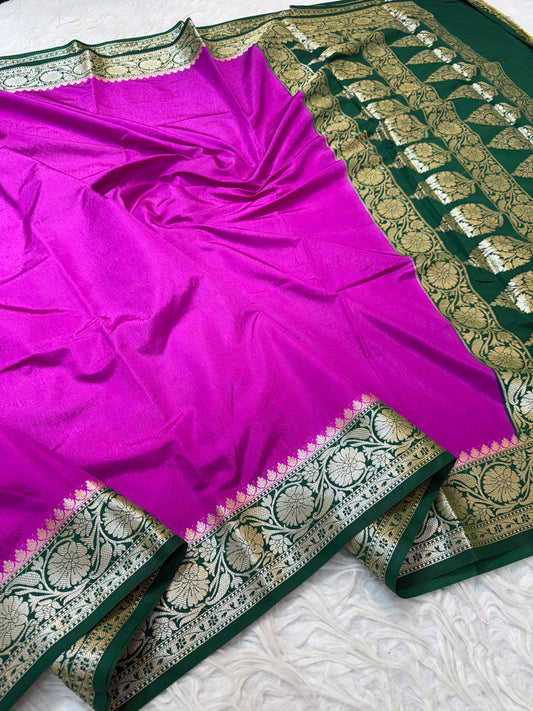 Royal pink bottle green shade Dupion silk premium Banarasi saree