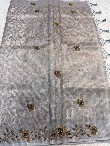 Grey shade tissue kota zardosi work Banarasi saree