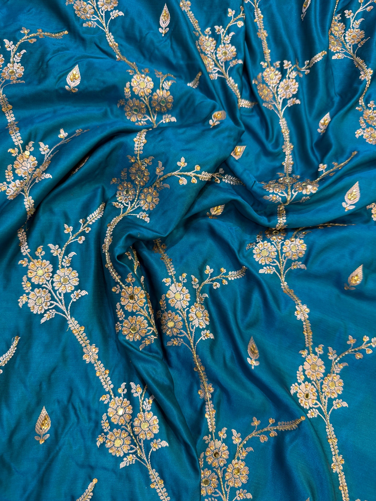 Dark ferozi shade Bridal Mashru ari & stone Silk Banarasi Saree