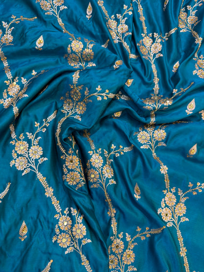 Dark ferozi shade Bridal Mashru ari & stone Silk Banarasi Saree