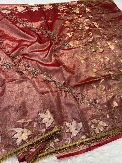 Red shade tissue ari & zardosi work designer premium Banarasi saree
