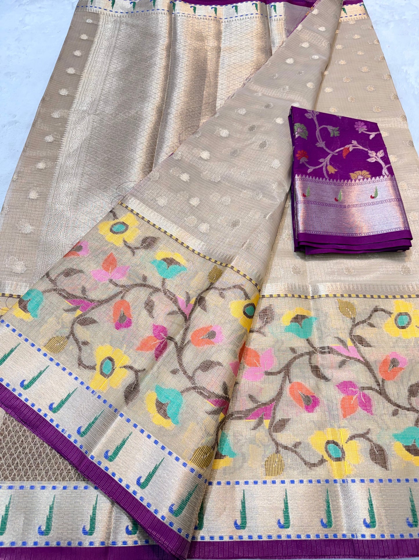 Beige& multicolour shade tissue kota premium paithani border designer banarasi saree