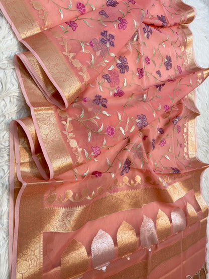 Peach shade  kora organza embroidery Banarasi saree