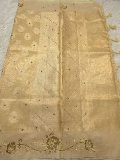 Gold shade tissue kota handwork premium Banarasi saree