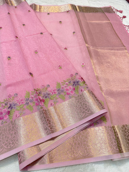 Pink shade linen designer embroidery Banarasi saree