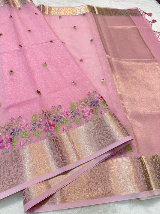 Pink shade linen designer embroidery Banarasi saree