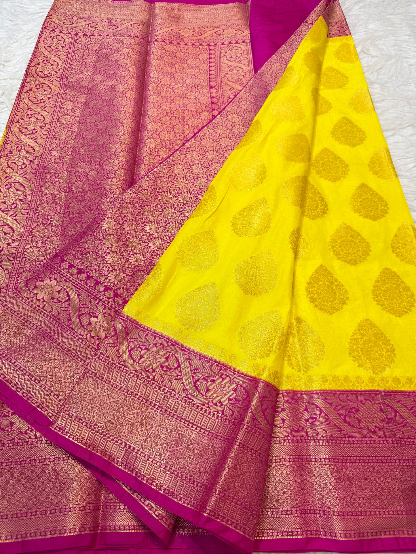 Yellow & royal pink Dupion Silk Banarasi Saree 