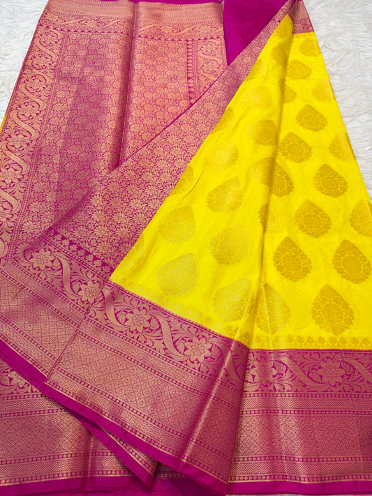 Yellow & royal pink Dupion Silk Banarasi Saree 