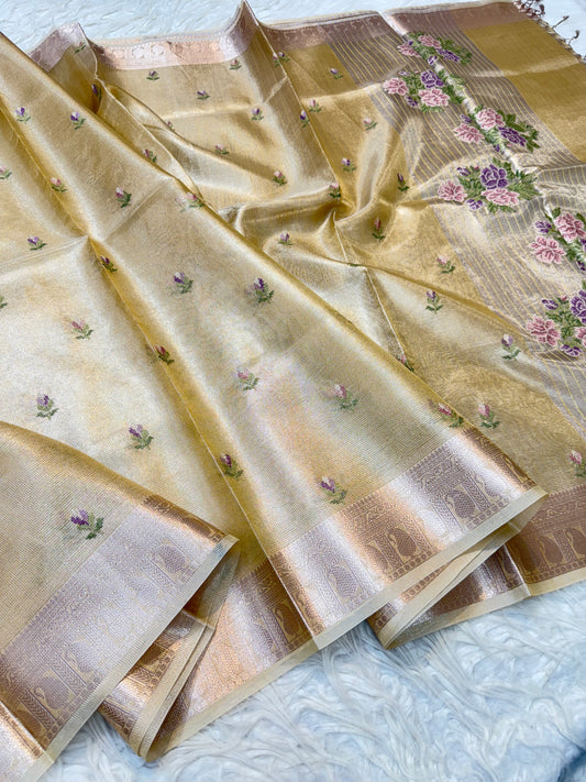 Gold shade tissue kota embroidery primum Banarasi saree
