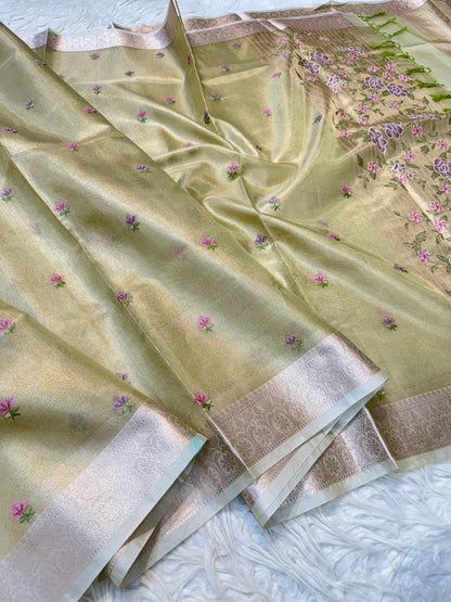 Pista green  shade tissue kota embroidery primum Banarasi saree