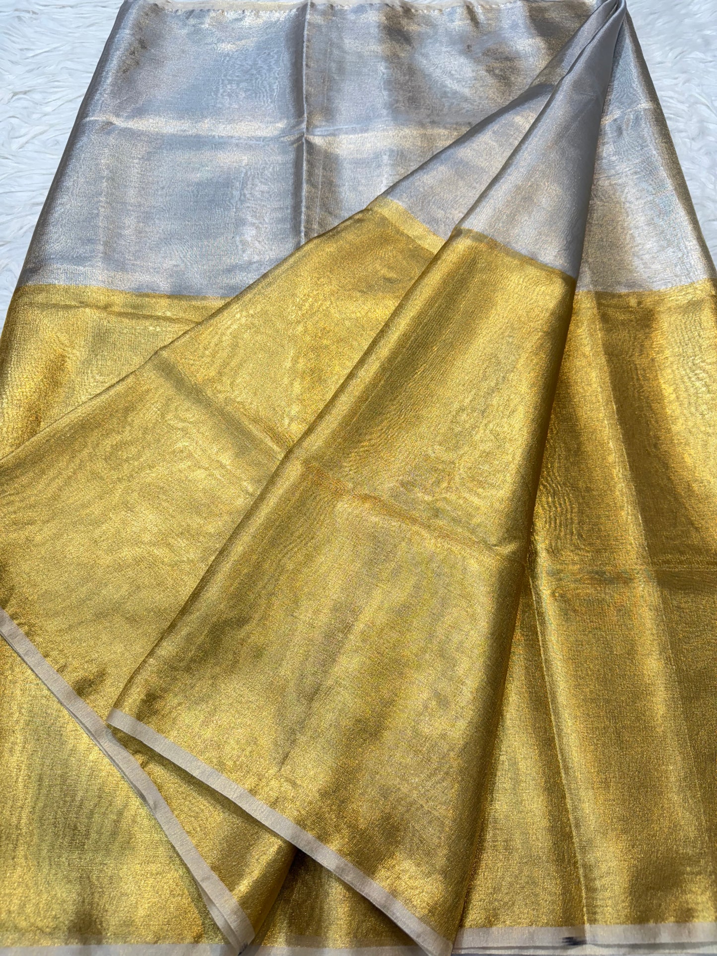 Gold silver shade soft tissue half half Banarasi saree
