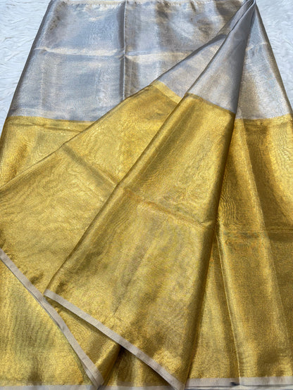 Gold silver shade soft tissue half half Banarasi saree