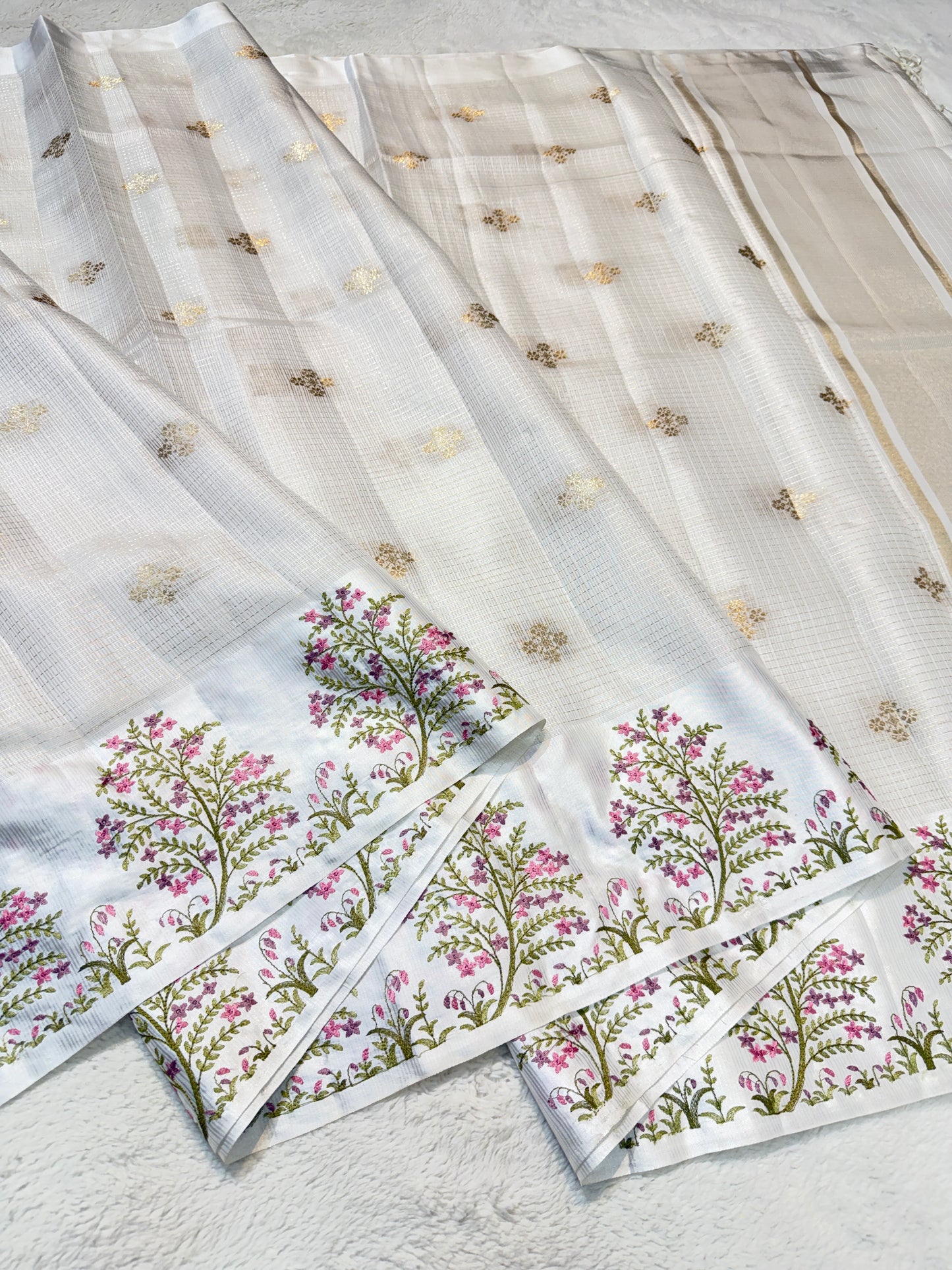 White shade soft cotton kota designer embroidery premium Banarasi saree