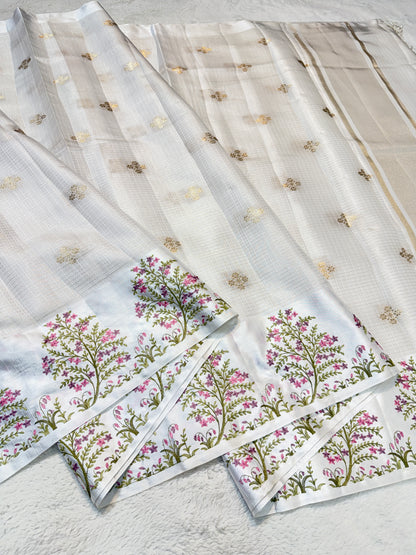 White shade soft cotton kota designer embroidery premium Banarasi saree
