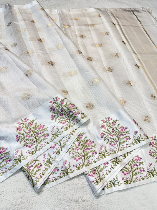 White shade soft cotton kota designer embroidery premium Banarasi saree