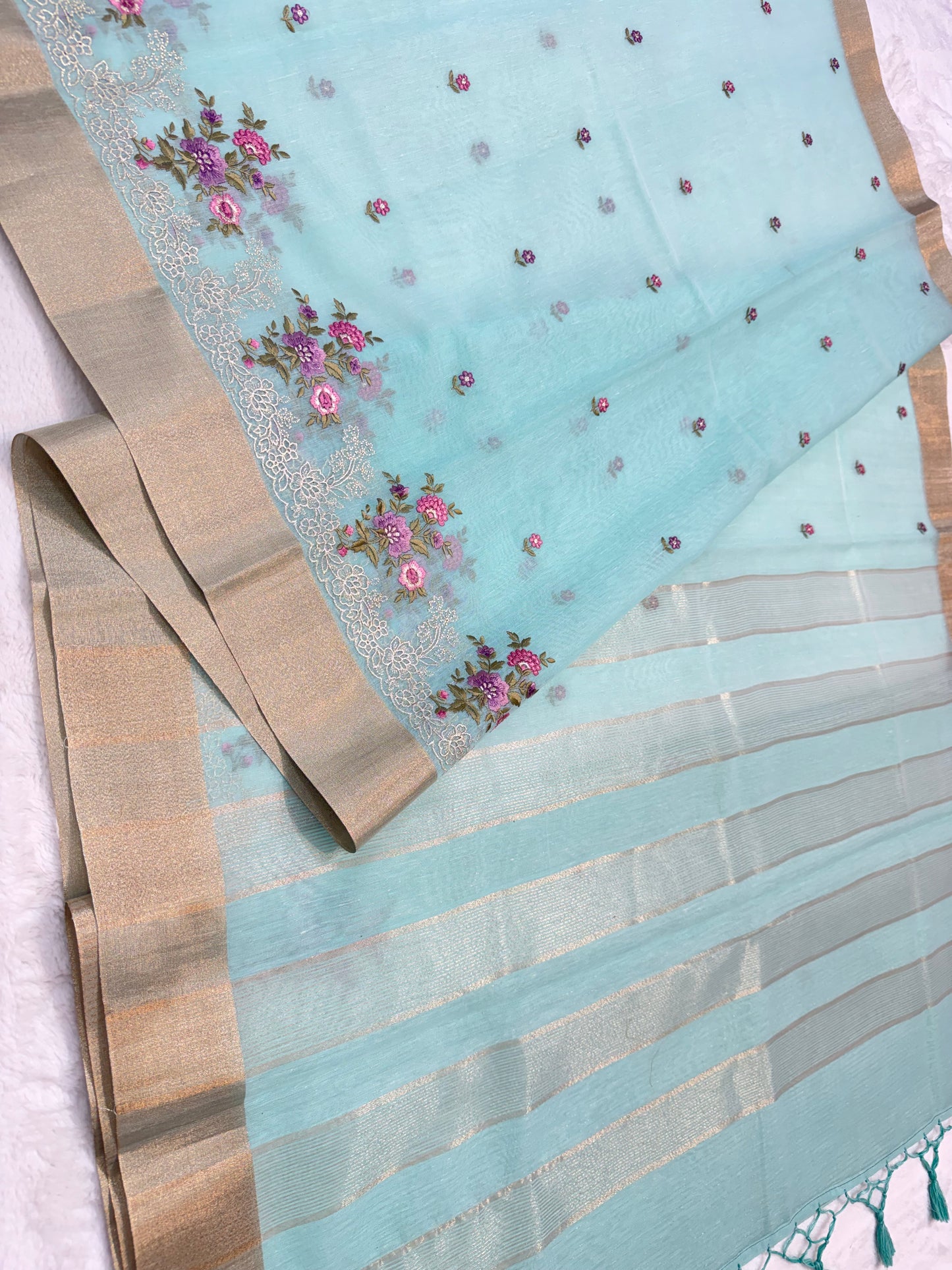 Turquoise shade linen embroidery Banarasi saree