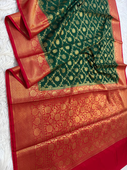 Bottle green red shade  Dupion Silk premium Banarasi Saree