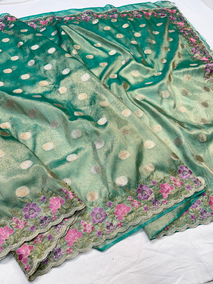 Sea green tissue cutwork embroidery premium designer Banarasi saree