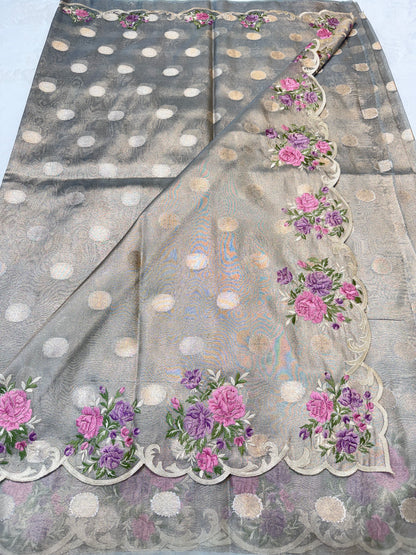 Gray shade tissue cutwork embroidery premium designer Banarasi saree