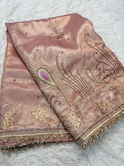 Peach shade tissue ari & zardosi work designer premium Banarasi saree